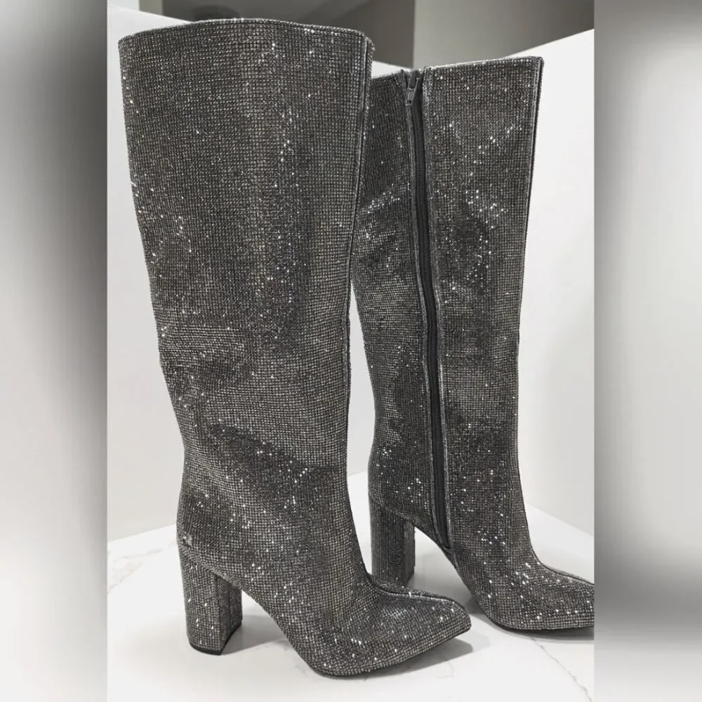 New INC Tall Sparke Knee High Boots Block Heel Pewter Crystal Sz 5 Taylor Swift